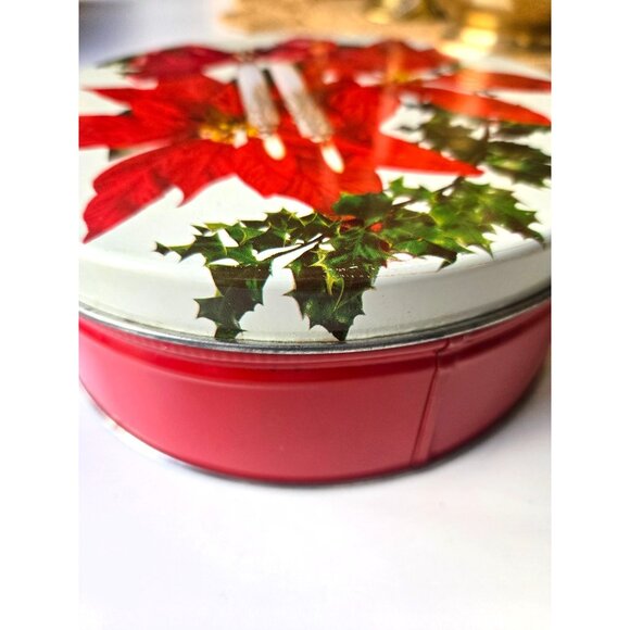 Vintage 1963 Fannie May Christmas Cookie Tin With Poinsettia & Candle Design 6" - Picture 4 of 8